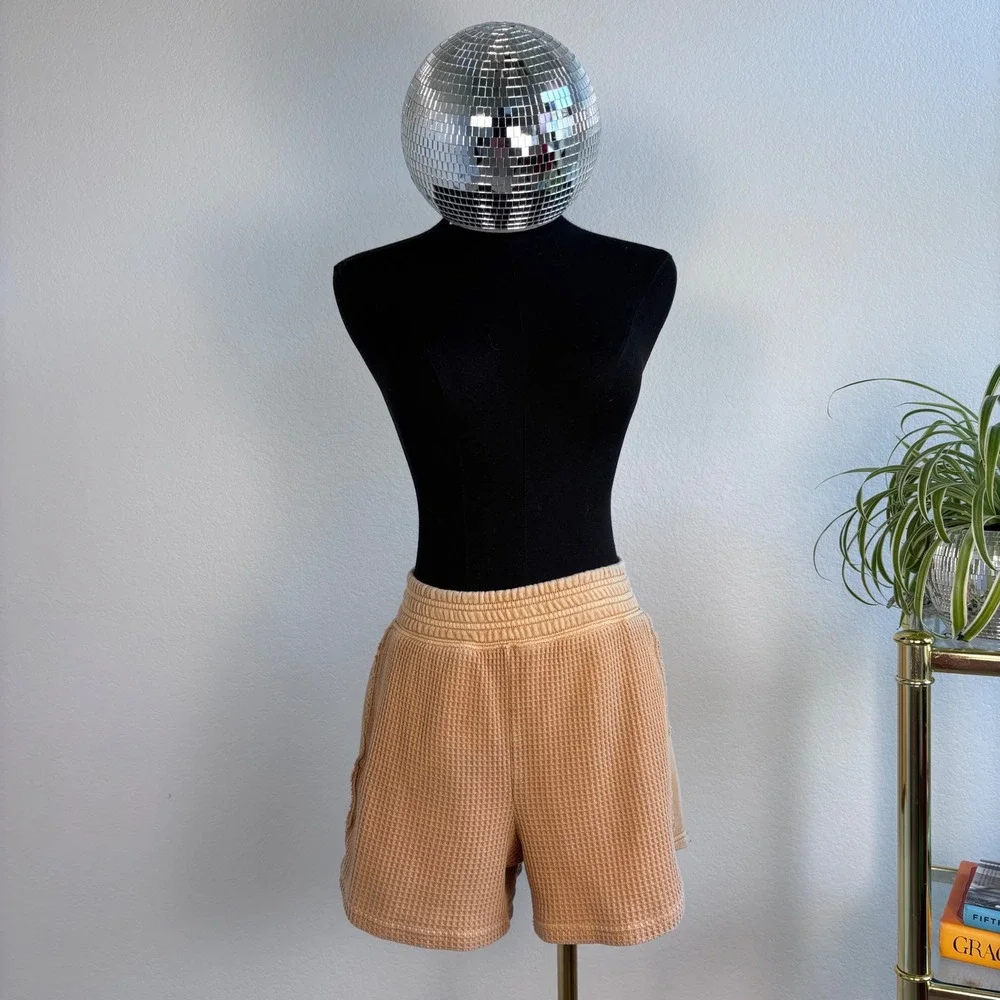 Aerie Womens XS Tan Waffle Knit Lounge Shorts High Waisted Thermal Smocked Waist